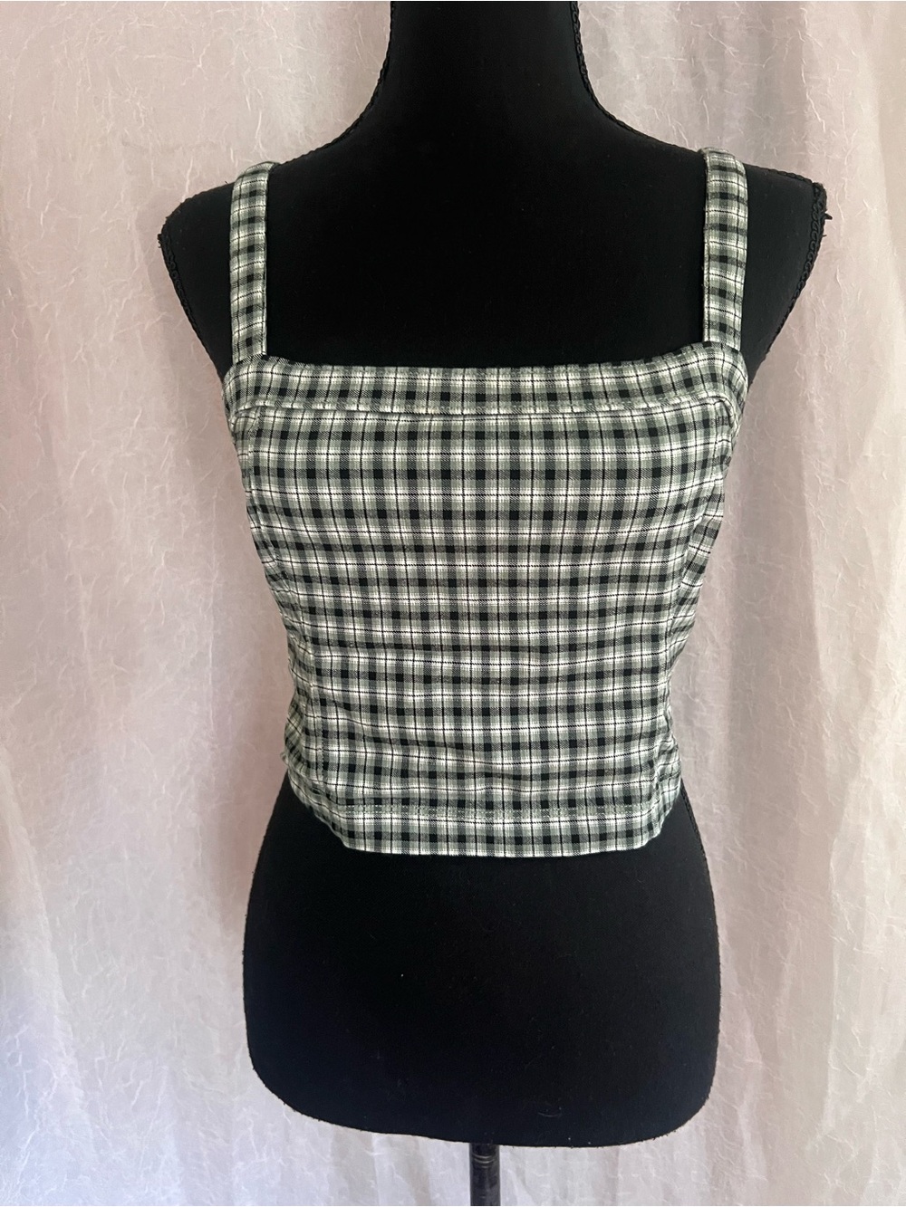 Hollister Plaid Square-Neck Crop Tank Top - green & White